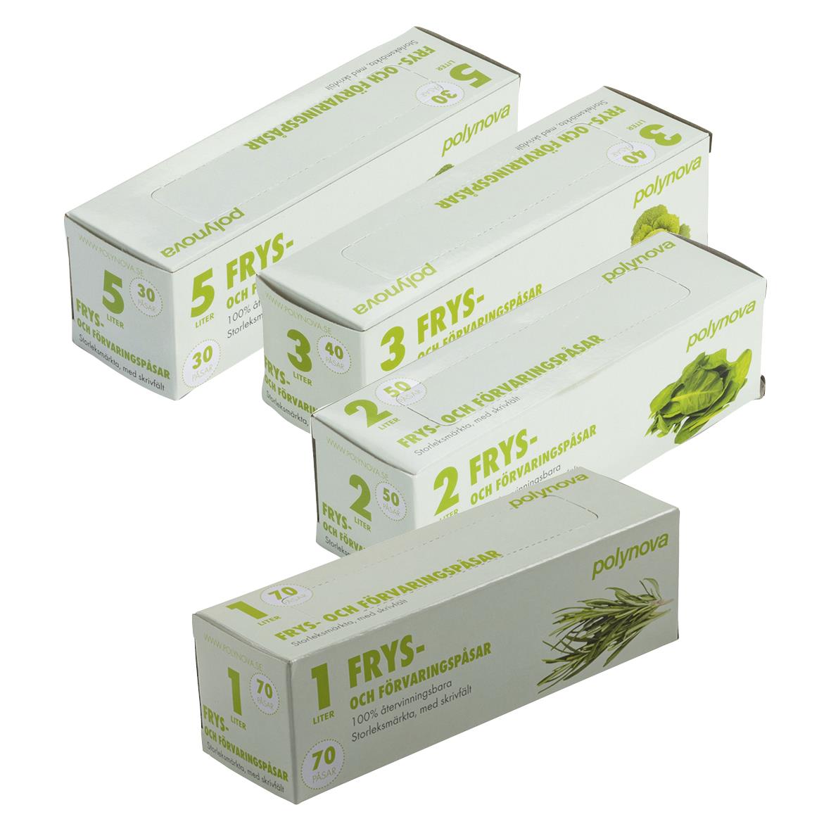 Fryspåsar i olika storlekar i transparent för förvaring