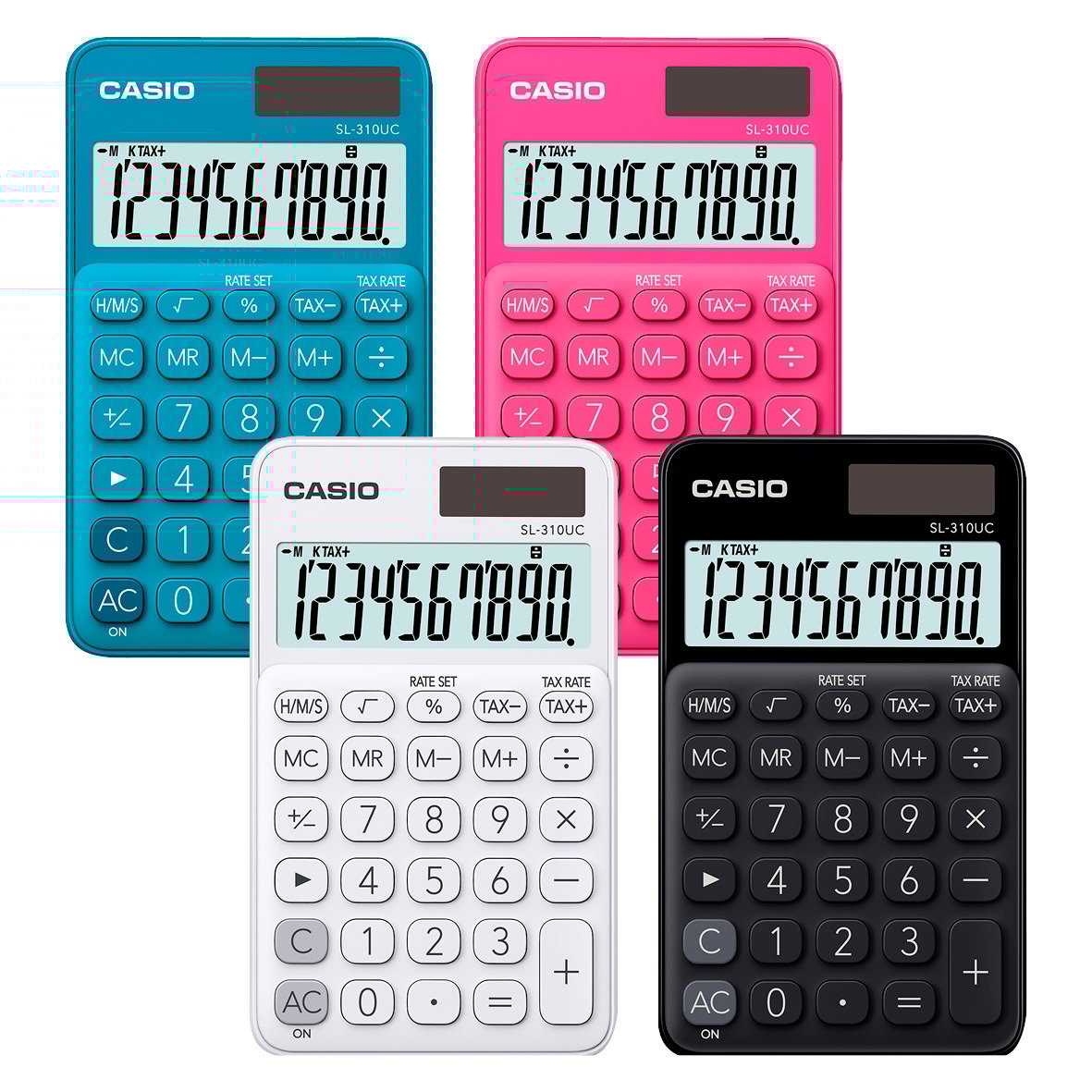 Fyra Casio SL-310UC miniräknare i blå, rosa, vit och svart