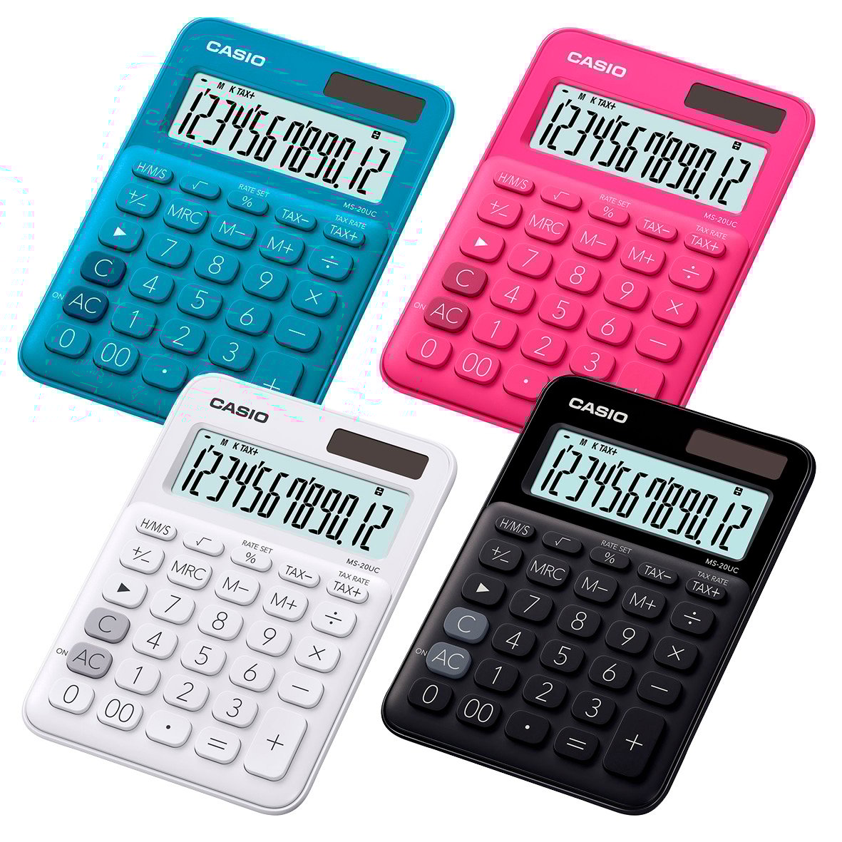 Fyrkantig Casio MS-20UC bordsräknare i blå, rosa, vit och svart färg