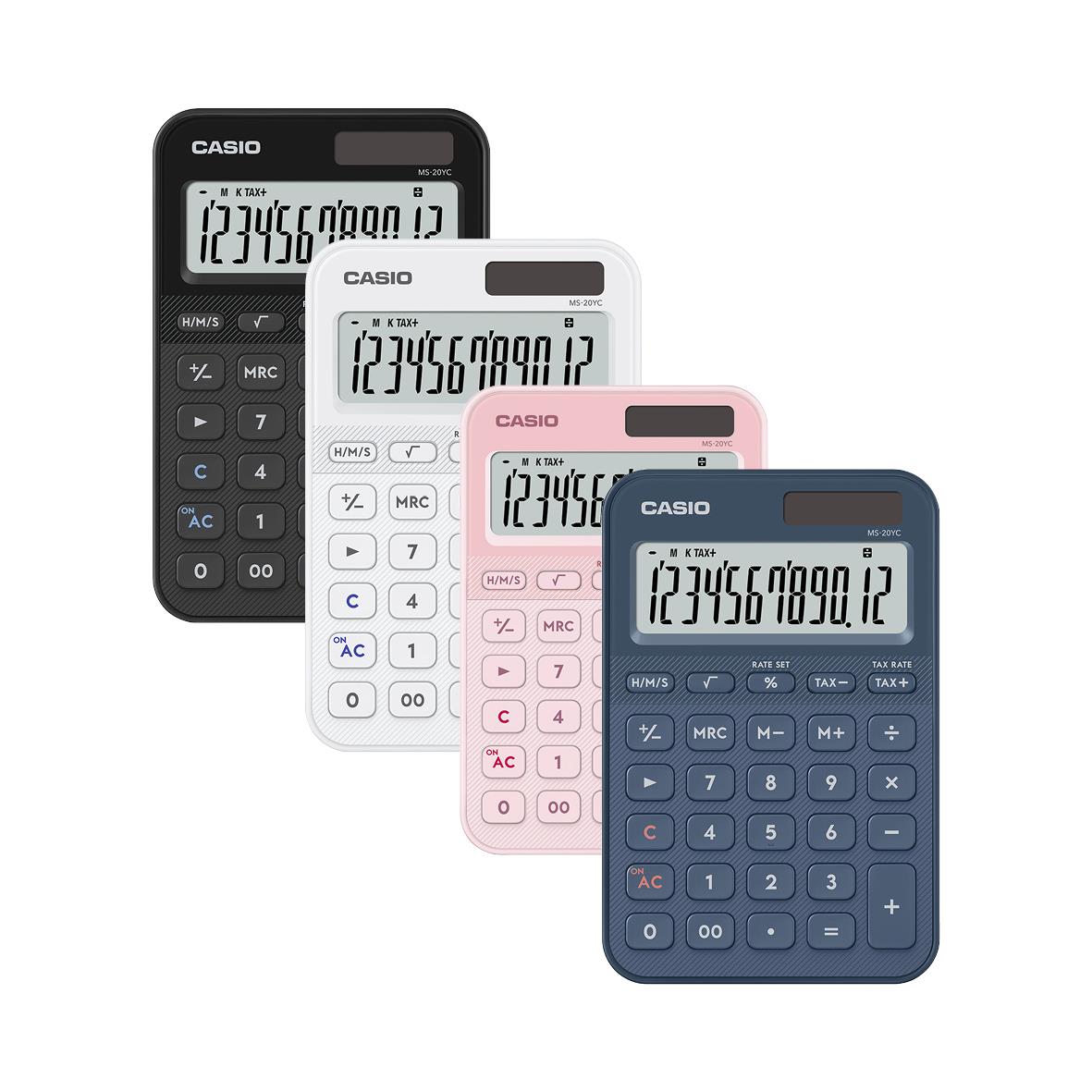 Fyra Casio MS-20YC bordsräknare i svart, vitt, rosa och blått
