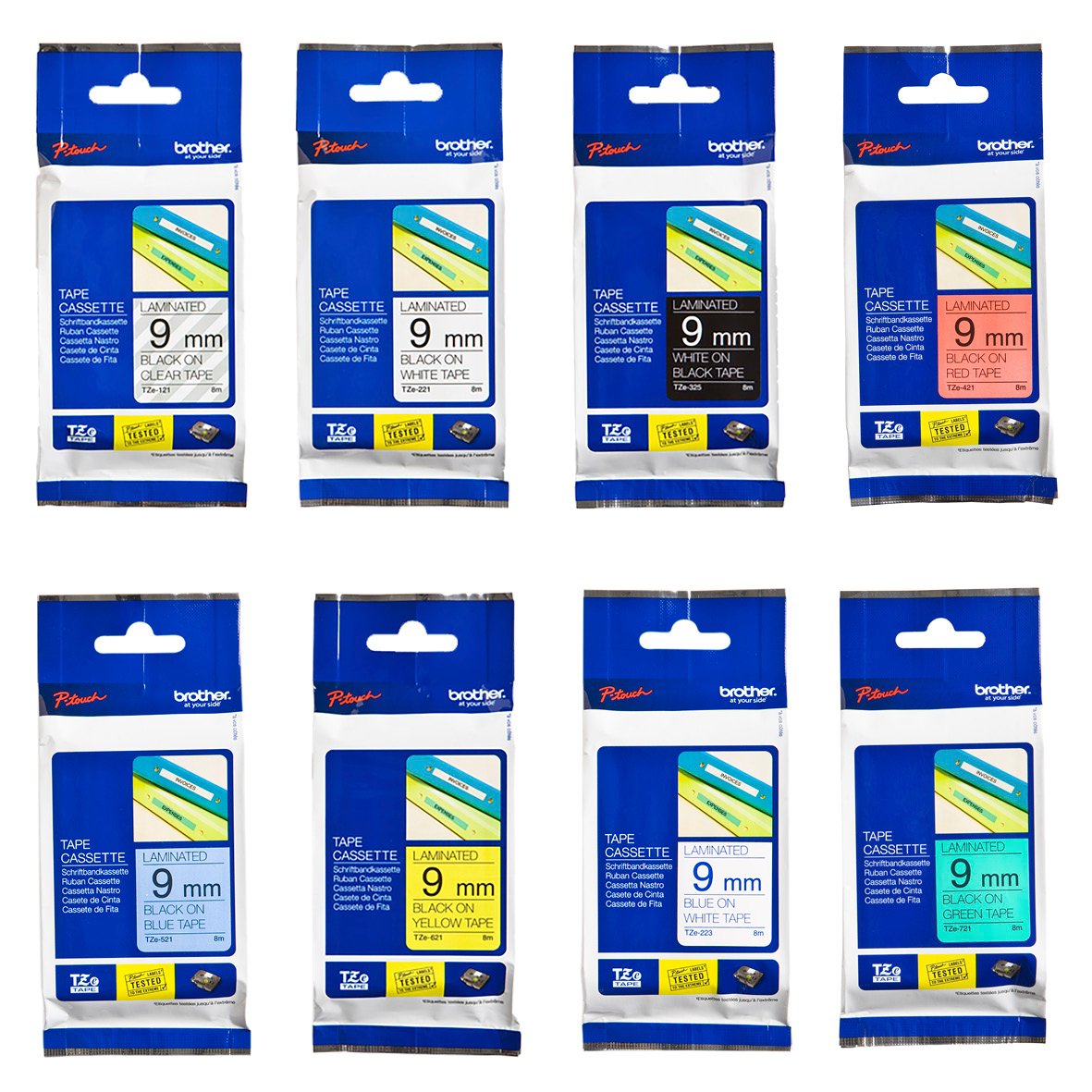 Märkband Brother 9mm i olika färger i förpackningar