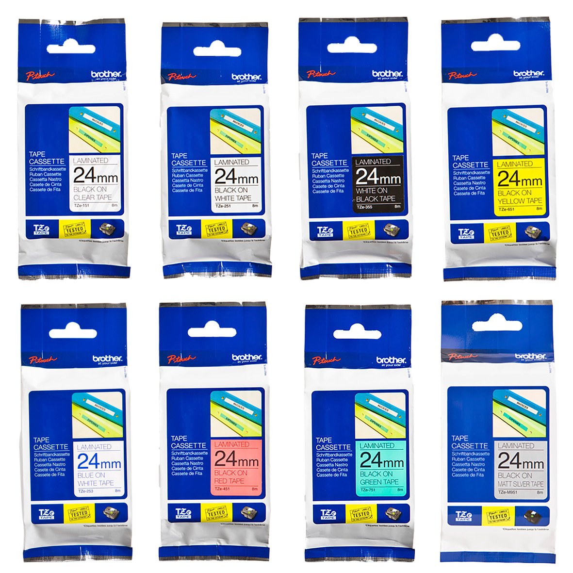 Sju paket med märkband Brother 24mm, olika färger inklusive rosa och gul, för märkning och etikettering.