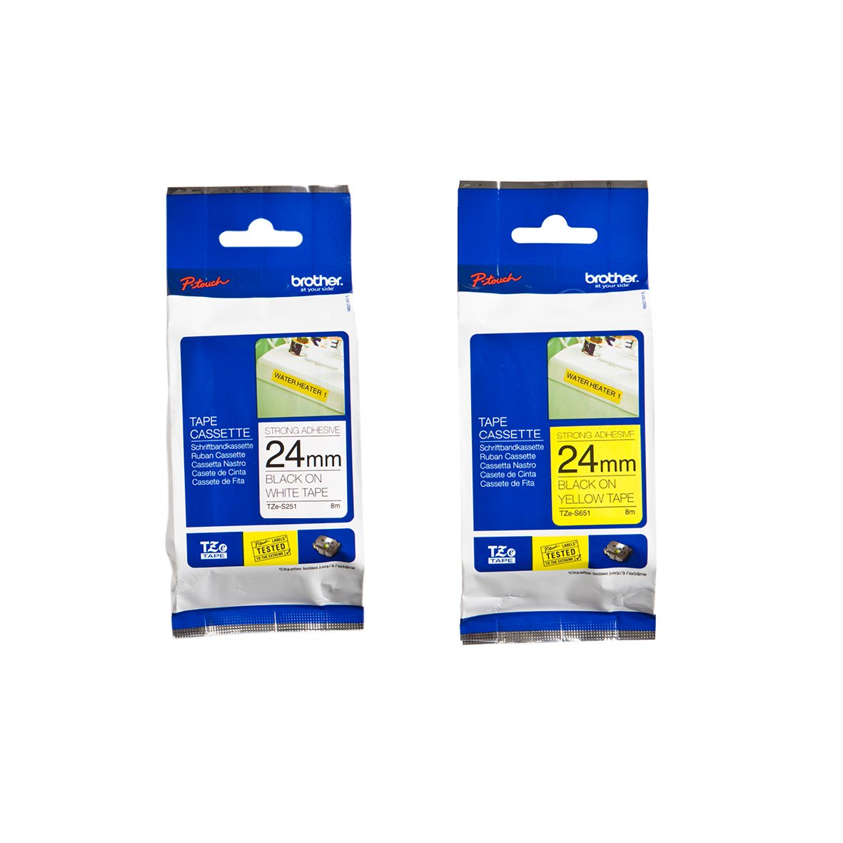 Två paket Brother Extra Starkt Lim TZe Tejp 24mm i blått och gult