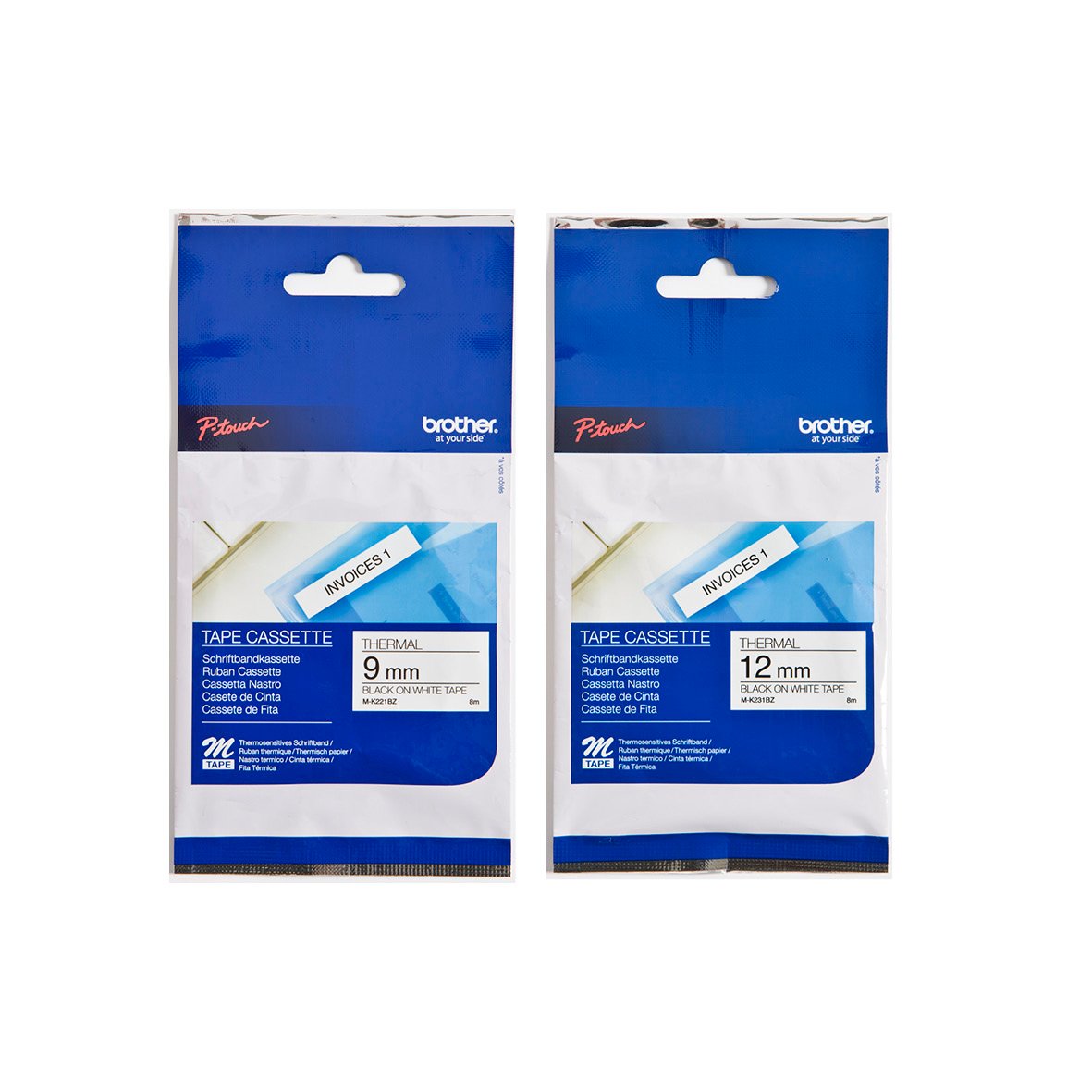 Två Brother M Tejp märkband i olika storlekar, 9 mm och 12 mm breda