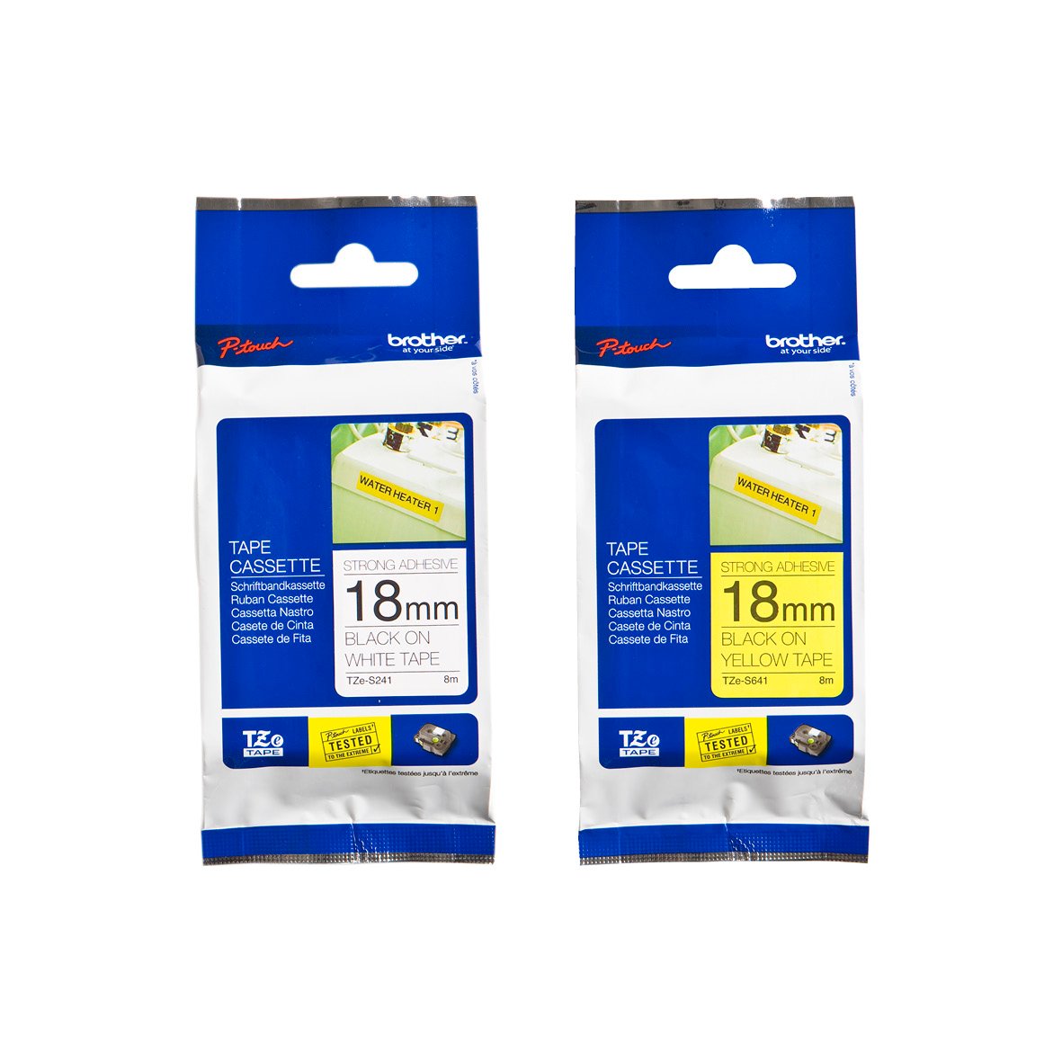 Två paket med Brother Extra Starkt Lim TZe Tejp 18mm, svart och gul färg