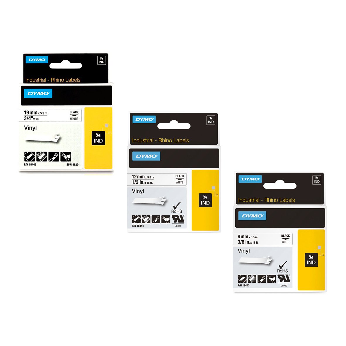 Märkband Dymo Vinyl 9mm svart/vit 5,5m för märkning och etikettering