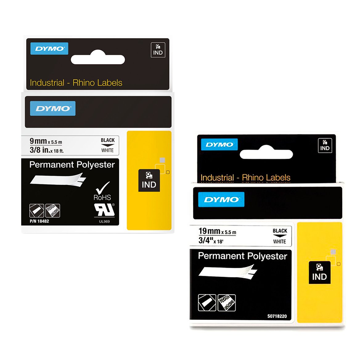 Två Dymo märkbandsrullar, en svart på vit polyester, en svart på svart polyester, för industriellt bruk