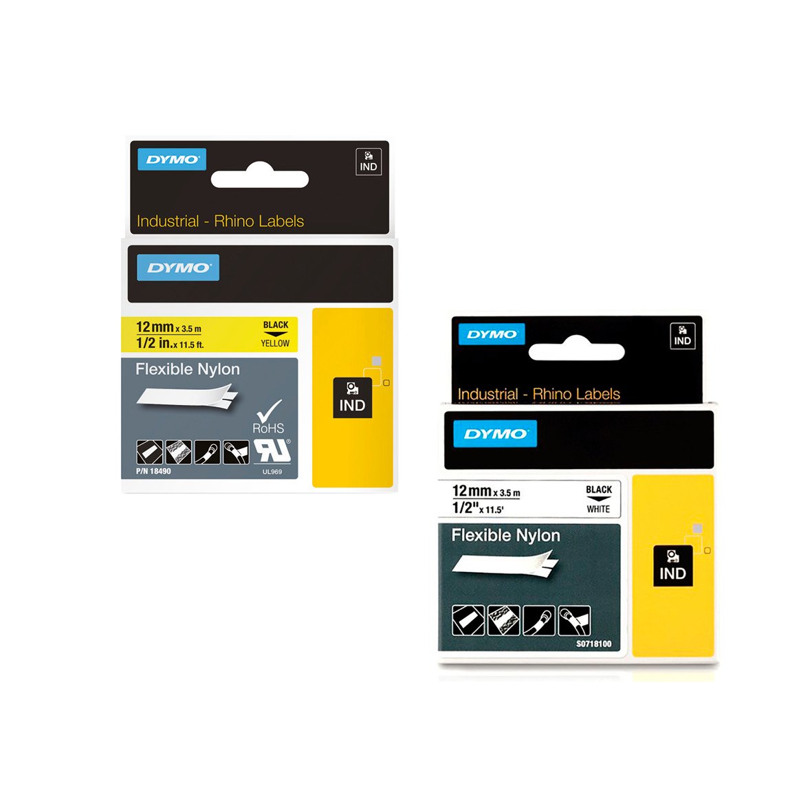 Märkband Dymo Nylon Flexibel 12mm i svart och vitt