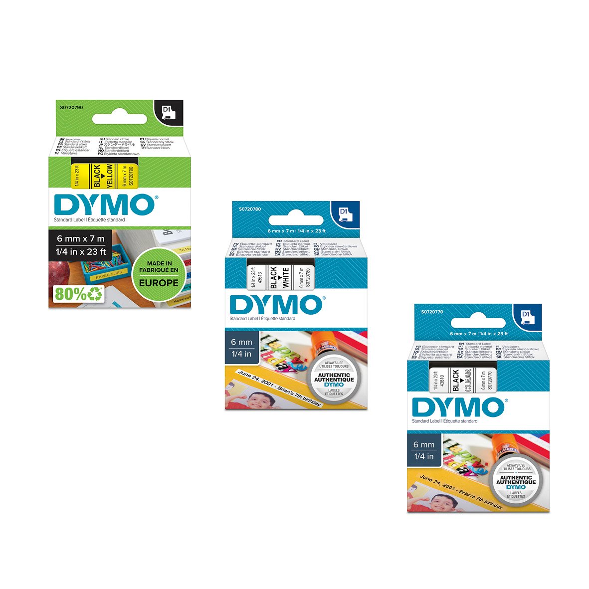 Dymo D1 märkband 6mm svart/klar, 7m, för märkning av olika ytor, tillverkad i Europa