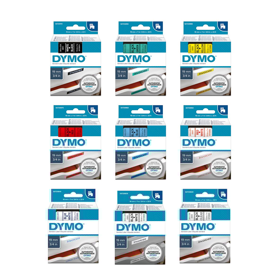 Samling av Dymo D1 19mm märnband i olika färger och mönster