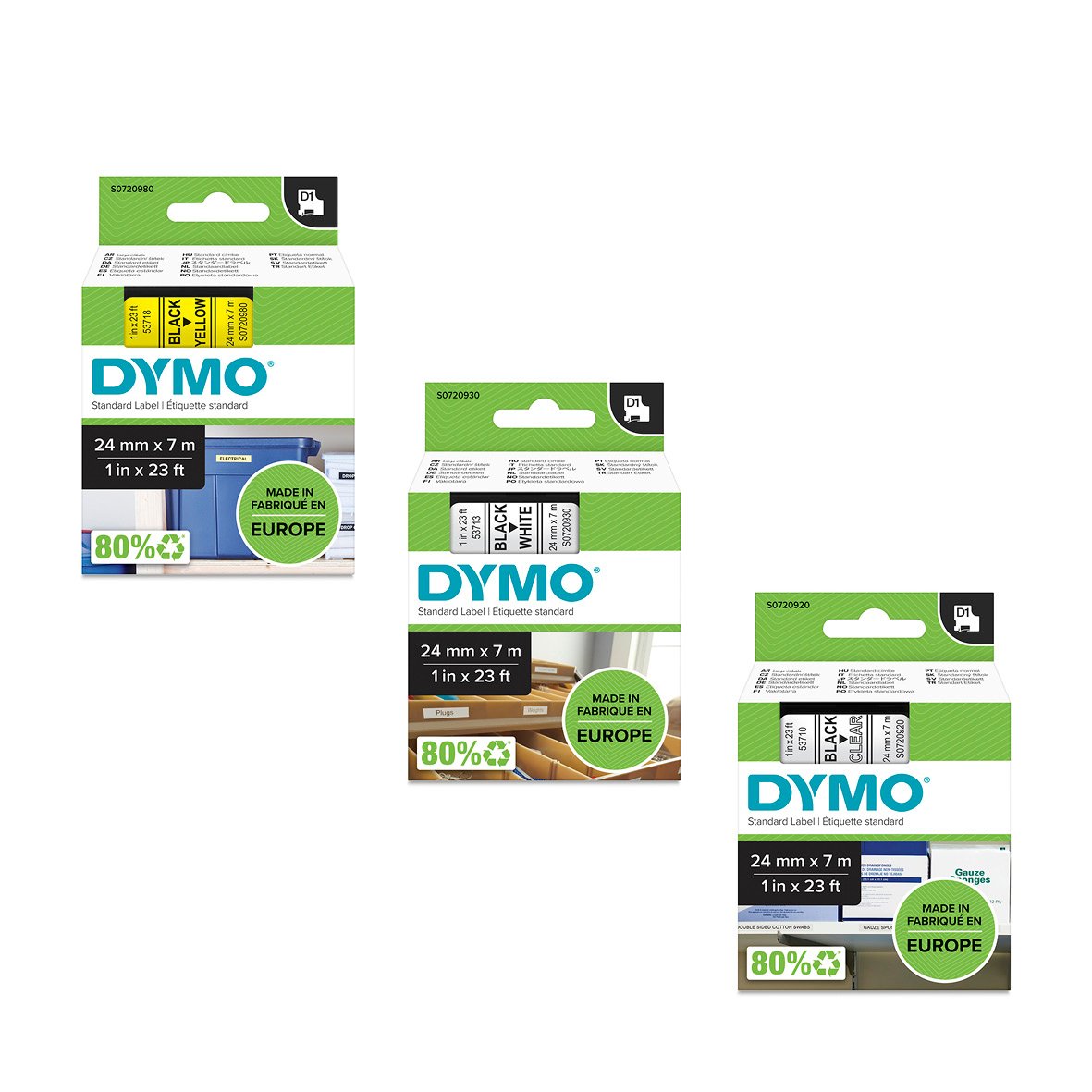 Tre olika Dymo D1 24mm märkbandspaket i olika storlekar