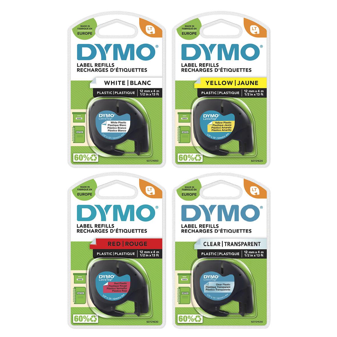 Fyra Dymo LetraTag plastetiketter i olika färger: vit, gul, röd och transparent