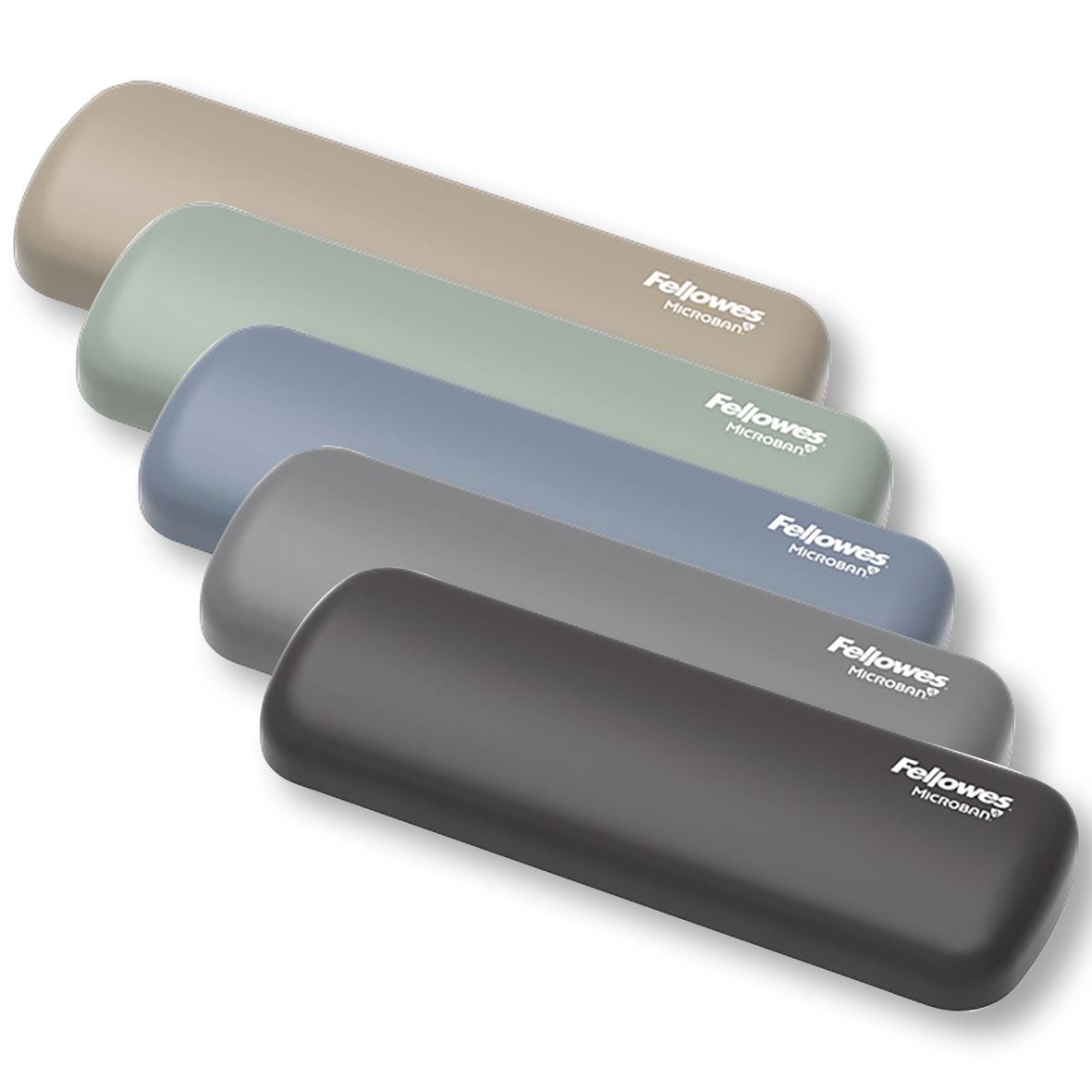 Fem färgglada handledsstöd från Fellowes i beige, mintgrönt, blått, grått och svart