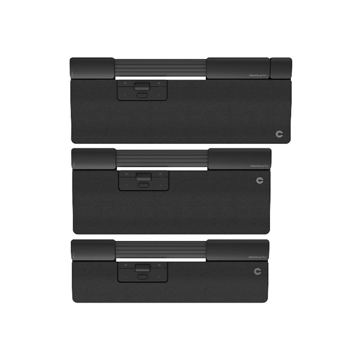 Tre ergonomiska musar i svart med sladd och veganläder, staplade horisontellt