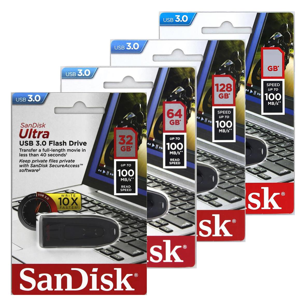 USB-minne Sandisk Ultra 3.0 100MB/s i olika storlekar, paket med fyra stycken