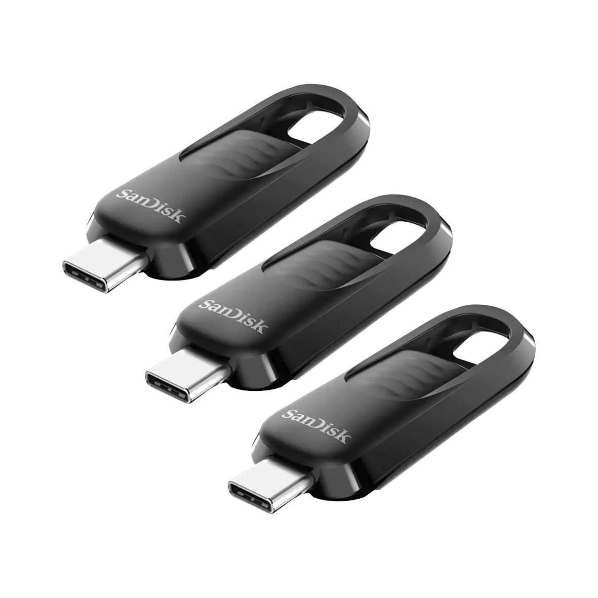 Tre Sandisk Ultra Slider USB-minnen med Typ C-anslutning