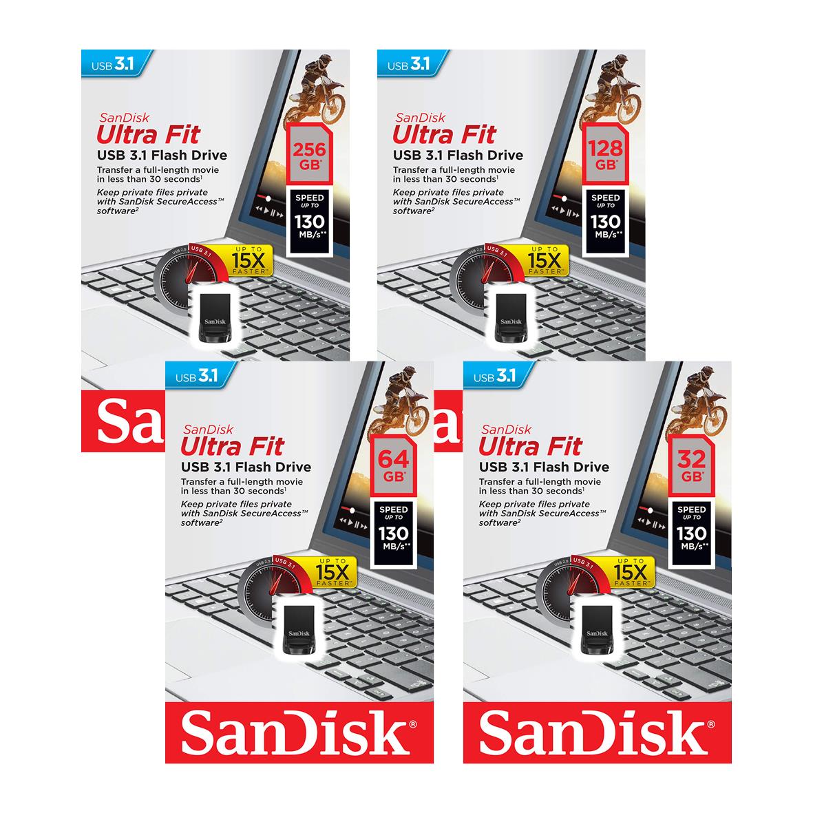 Sandisk UltraFit USB 3.1 minnesstickar i olika lagringskapaciteter (256GB, 128GB, 64GB, 32GB) på ett skrivbord.