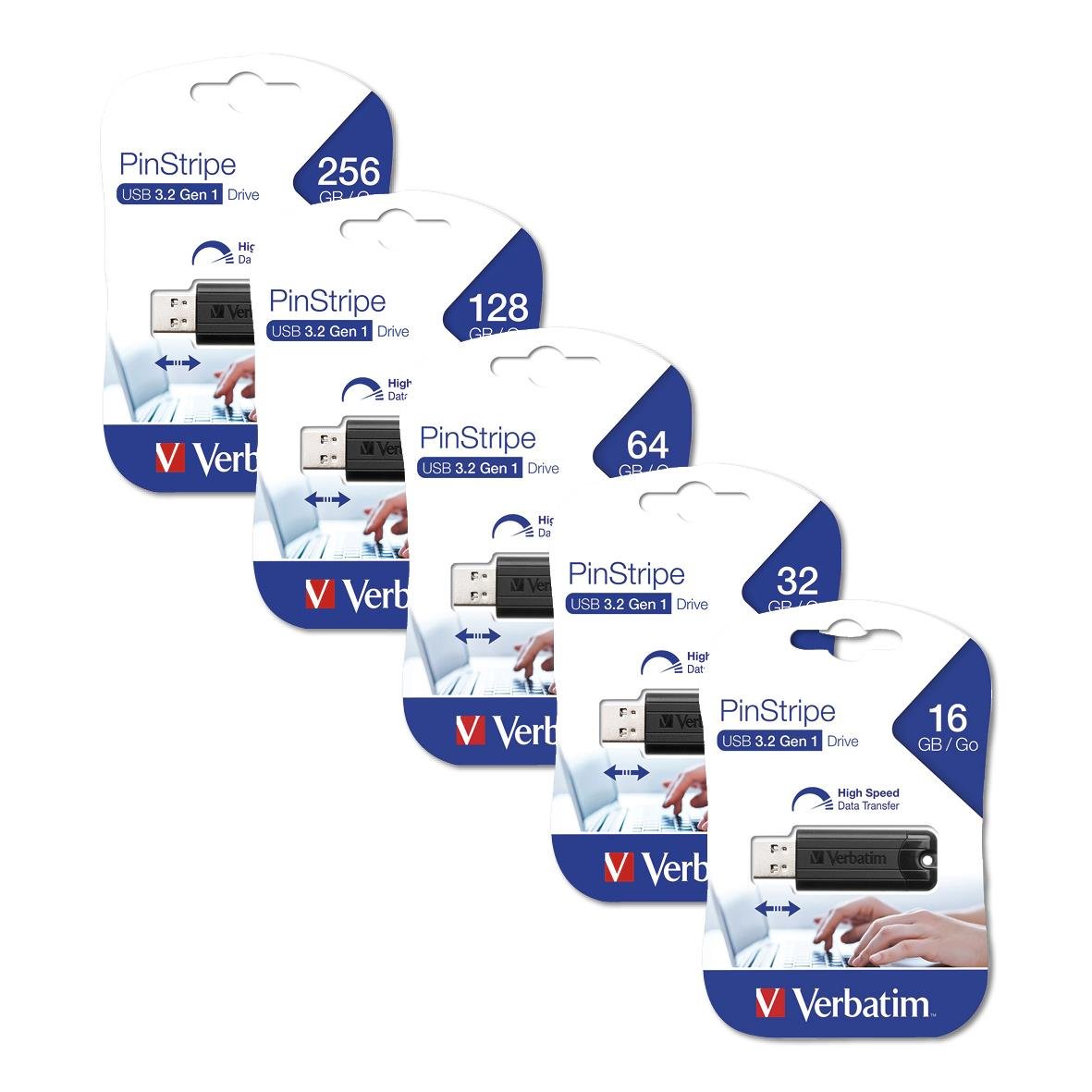 Svart USB-minne Verbatim PinStripe i olika lagringsstorlekar
