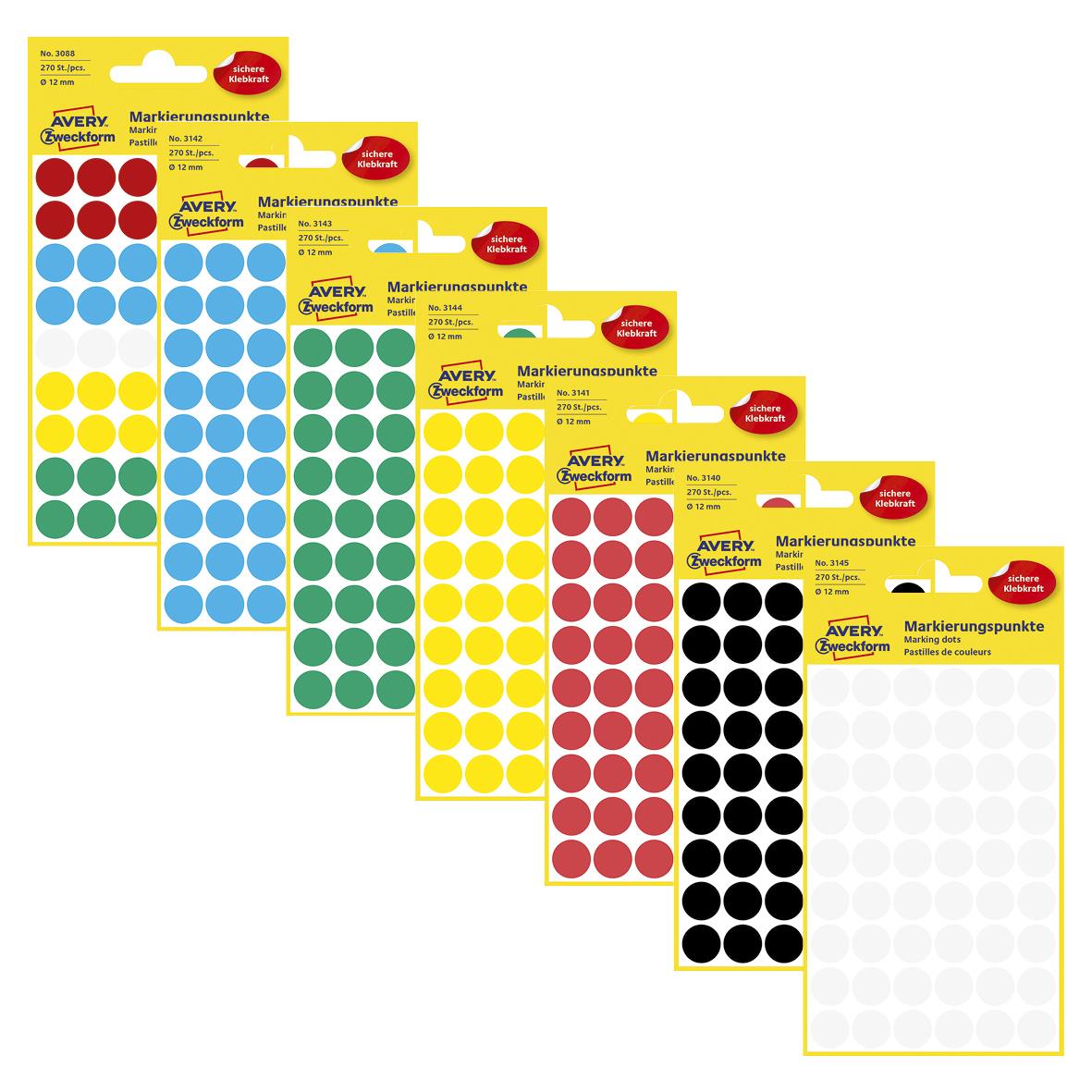Etikett Avery färgsignal Ø 12mm i olika färger, 10 blad