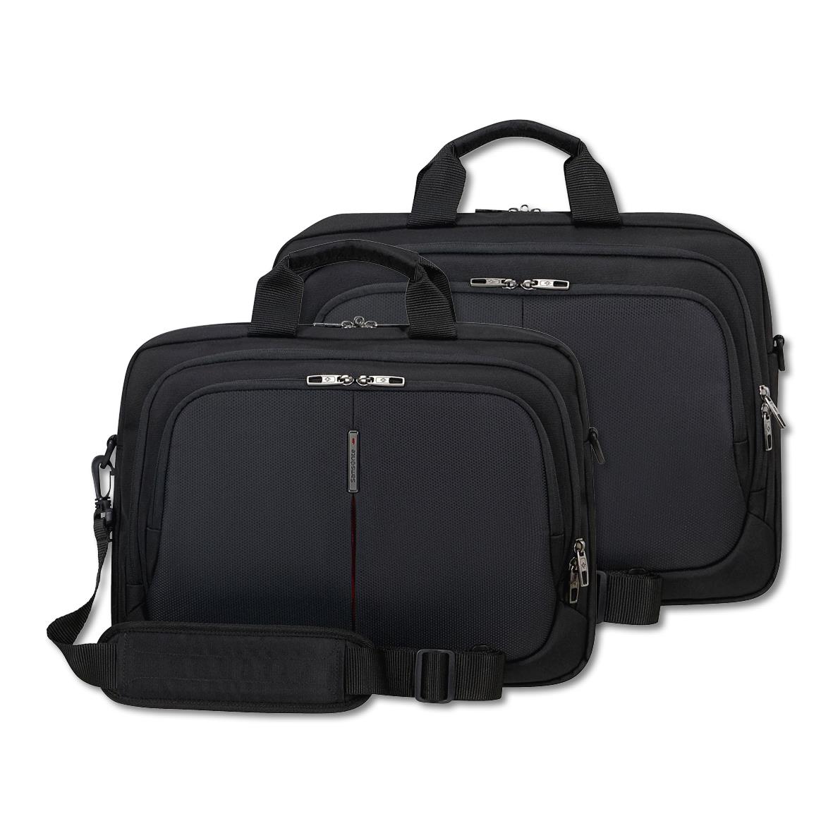 Två svarta laptopväskor med handtag och axelremar