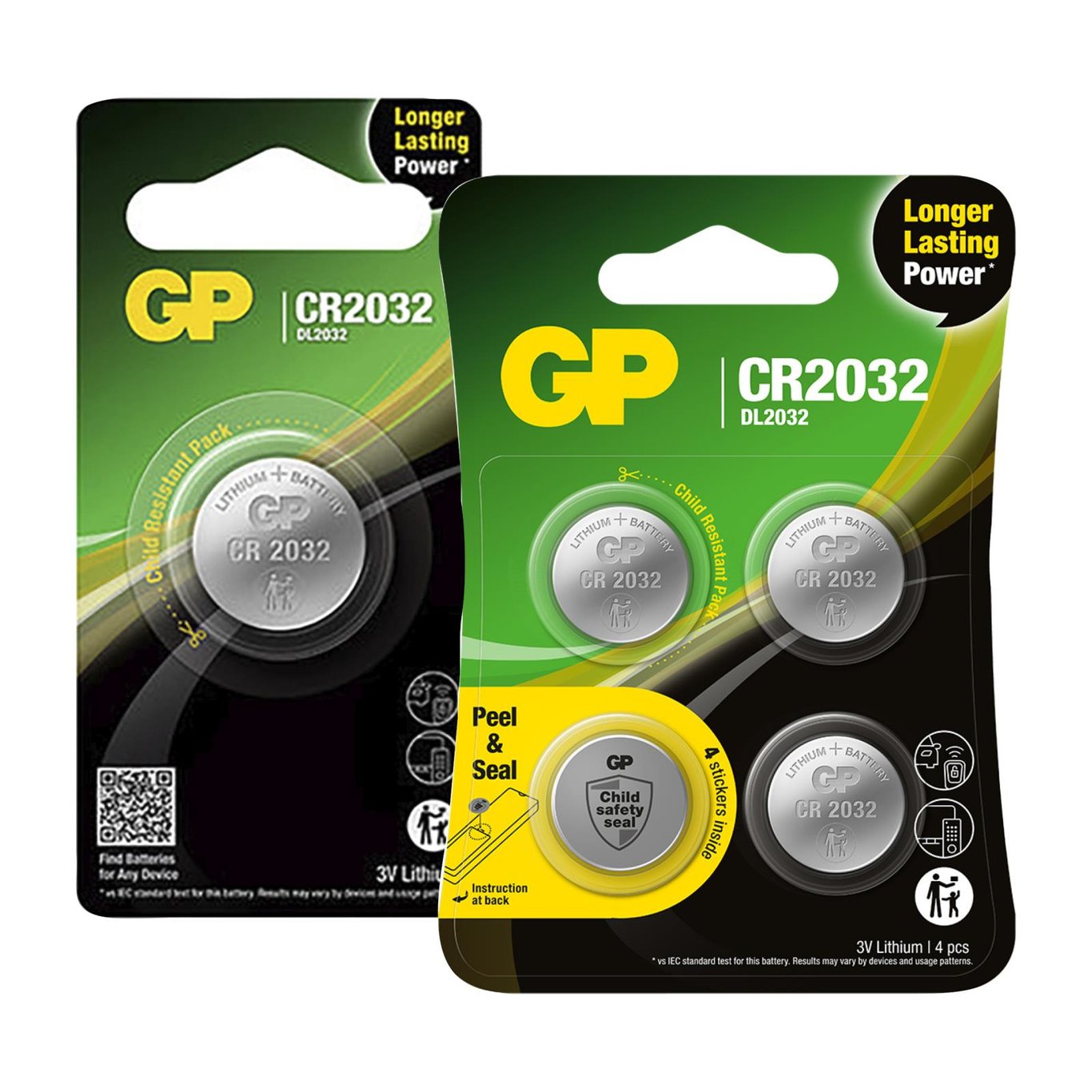 Två batteripaket GP CR2032 knapceller, en med peel & seal, båda i gröna och svarta förpackningar