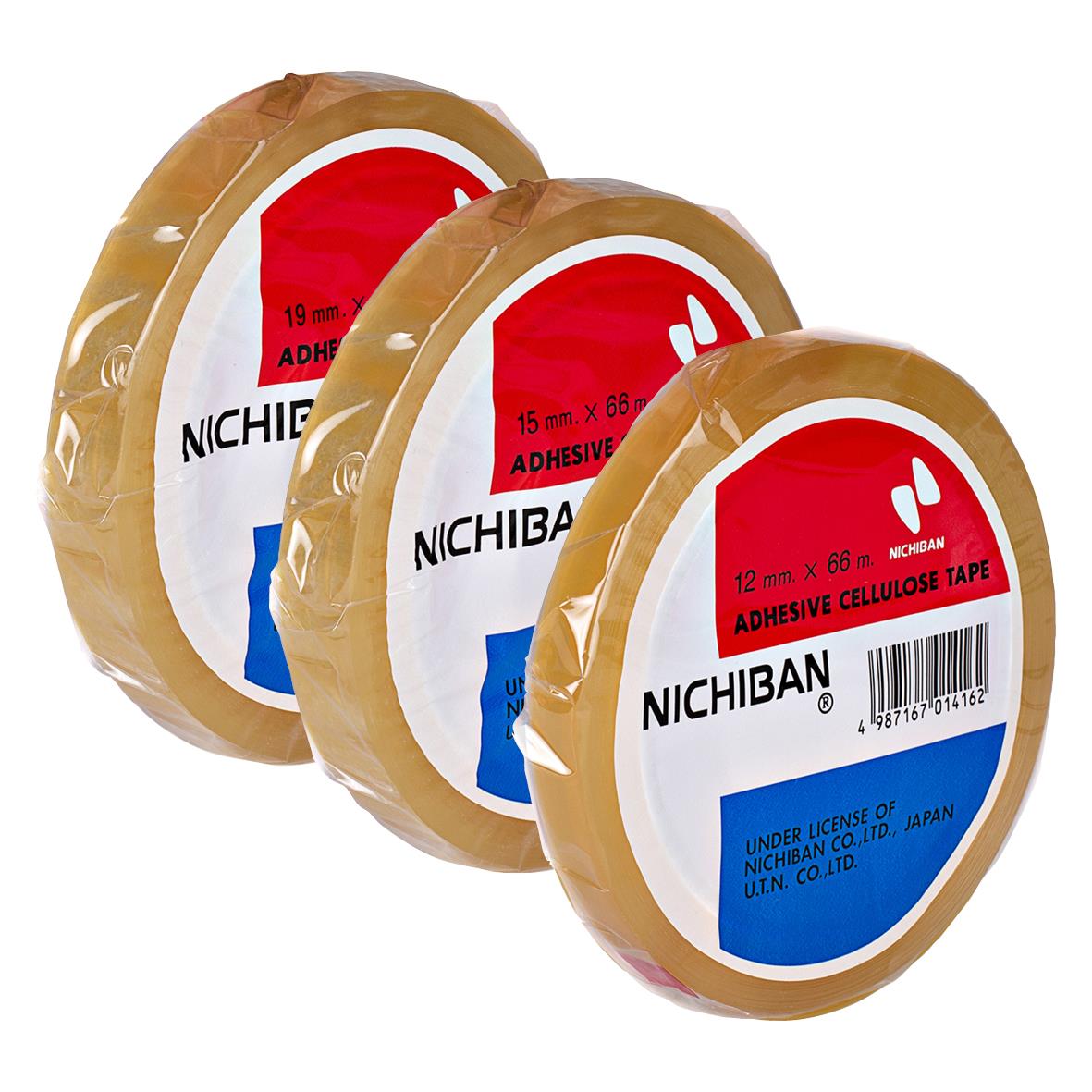 Tre rullar kontorstejp Nichiban 901 Cellofan 66m i olika storlekar