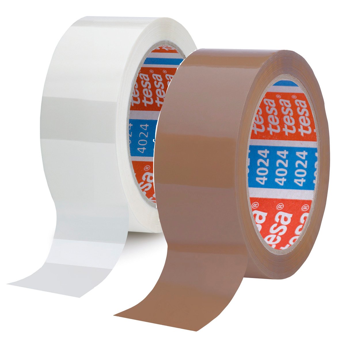 Två rullar packtejp, en vit och en brun, Tesa 4024 Professional PP 38mm x 66m