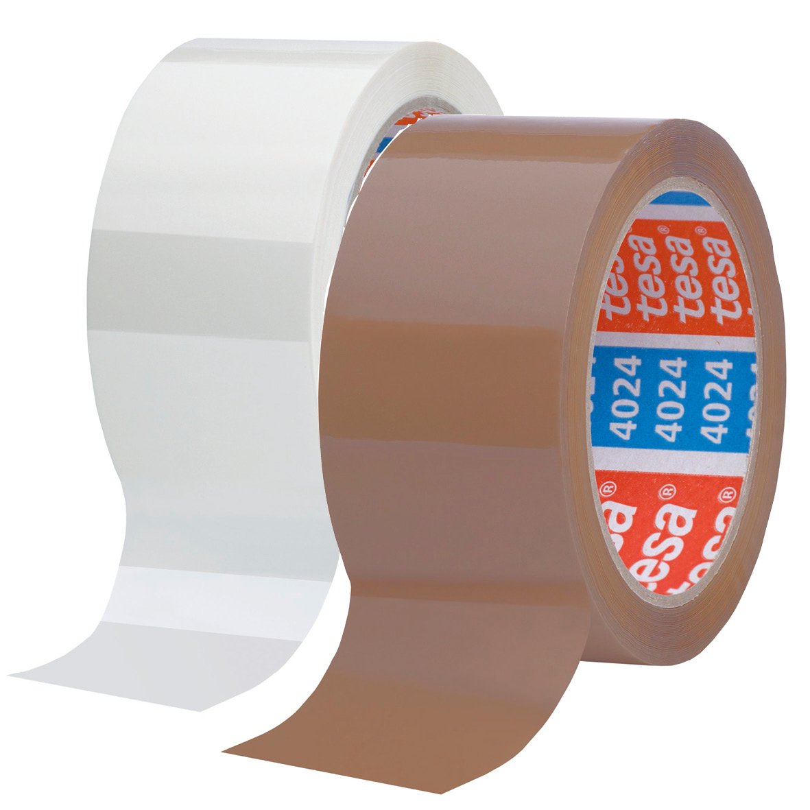 Två rullar packtejp, en vit och en brunt, Tesa 4024 Professional PP 50mm x 66m