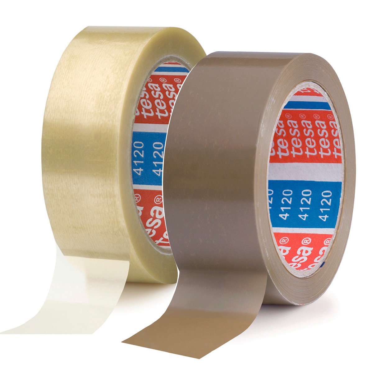 Två rullar packtejp Tesa 4120 Professional PVC 38mm x 66m, en i beige och en i grå färg