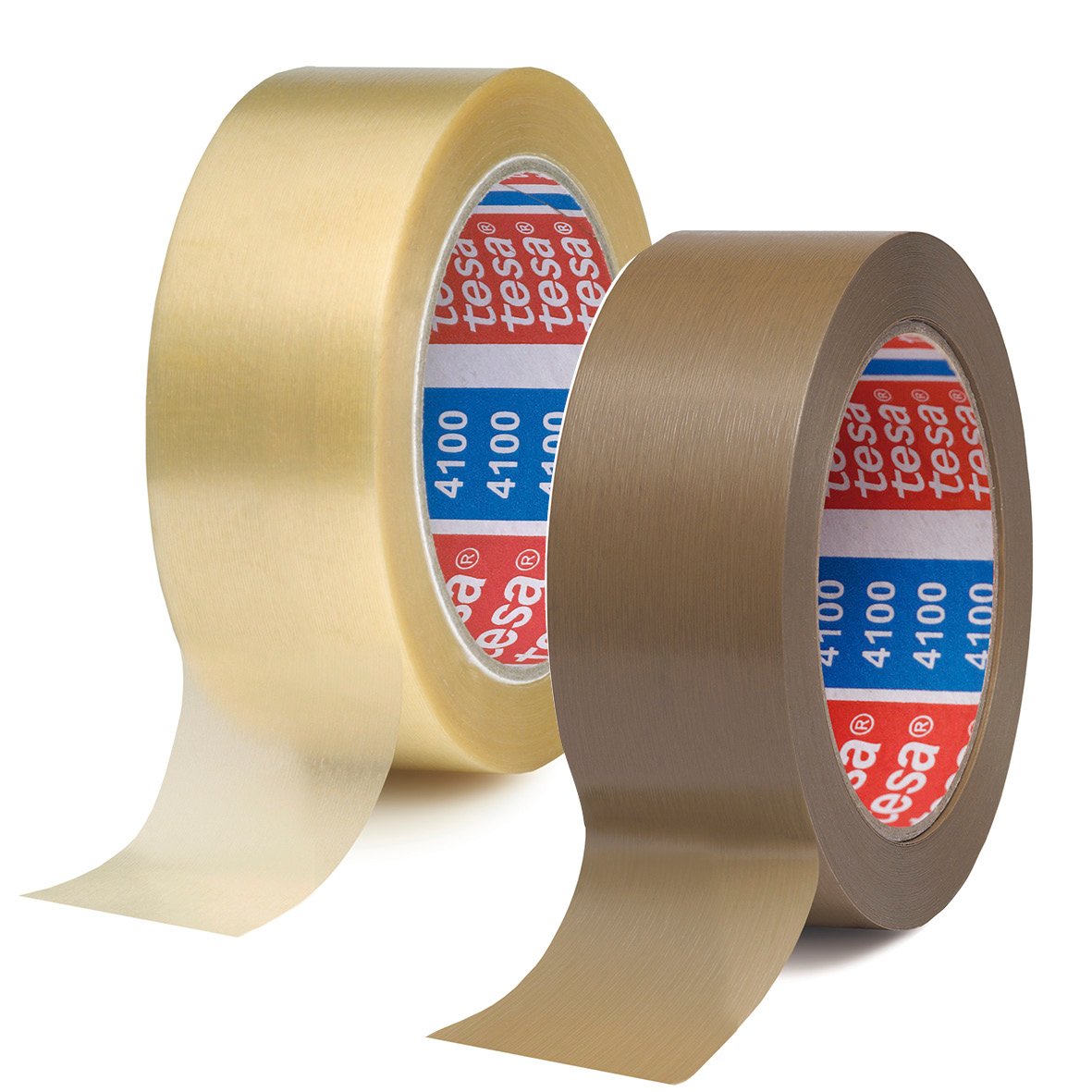 Två rullar packtejp Tesa 4100 Comfort PVC 38mm x 66m, en i beige och en i brunt