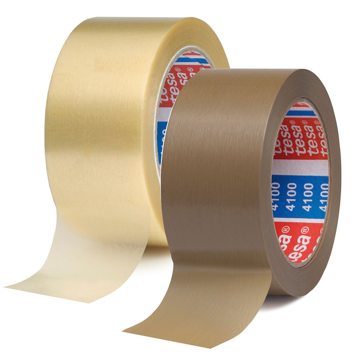 Två rullar packtejp Tesa 4100 Comfort PVC 50mm x 66m, en i beige och en i brunt