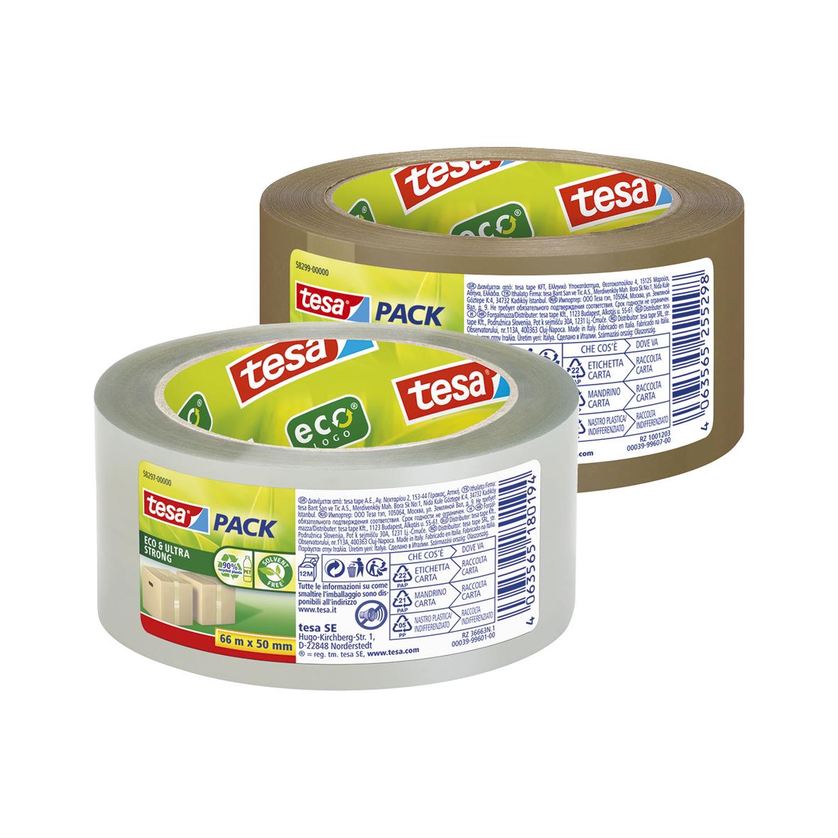 " Tesa Eco & Ultra Strong PET 50mm x 66m i två färger, för stark förpackning och säkert förslutning"