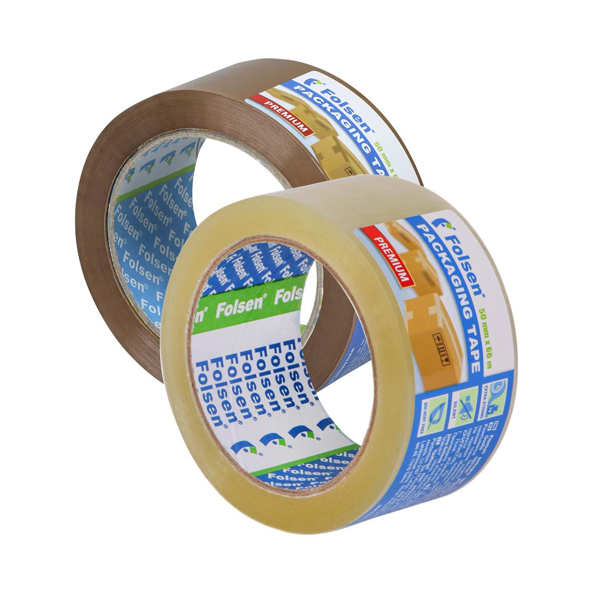 Två rullar packtejp Folsen Premium PP 50mm x 66m, en brun och en transparent