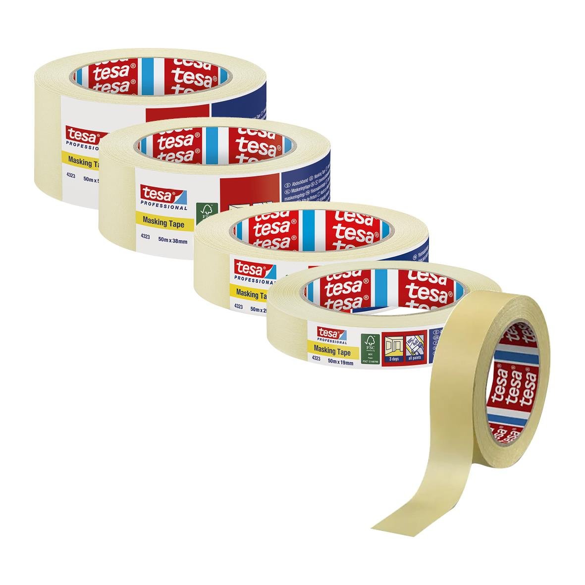 Fyra rullar maskeringstejp Tesa 4323 Professional 50m, en rulle är delvis använd.