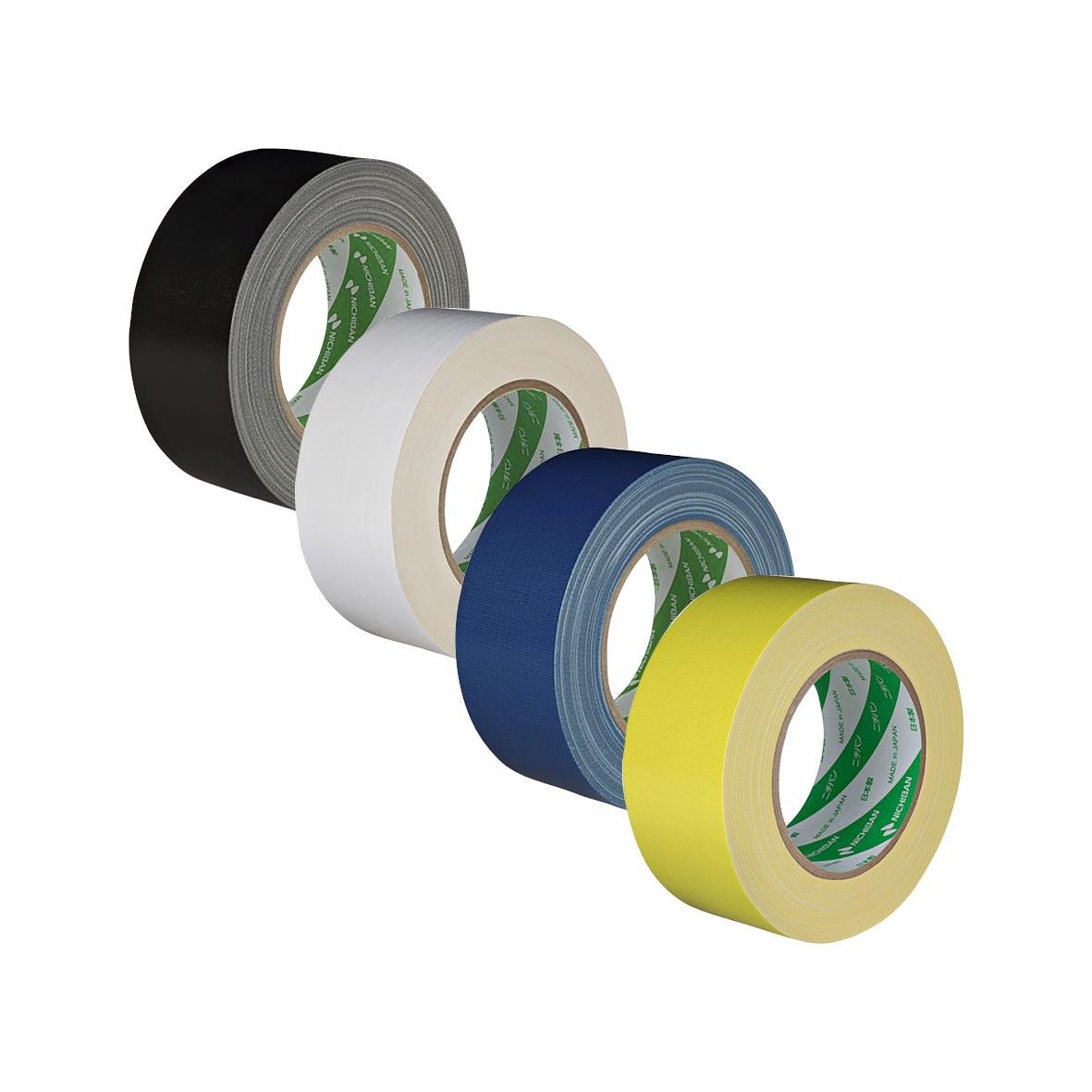Fyra rullar vävtejp Nichiban 116 Premium i svart, vitt, blått och gult