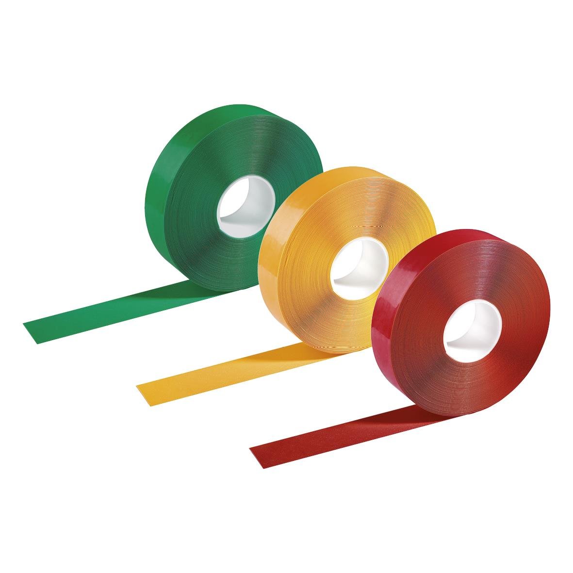 Tre rullar tejp i orange, röd och grön färg