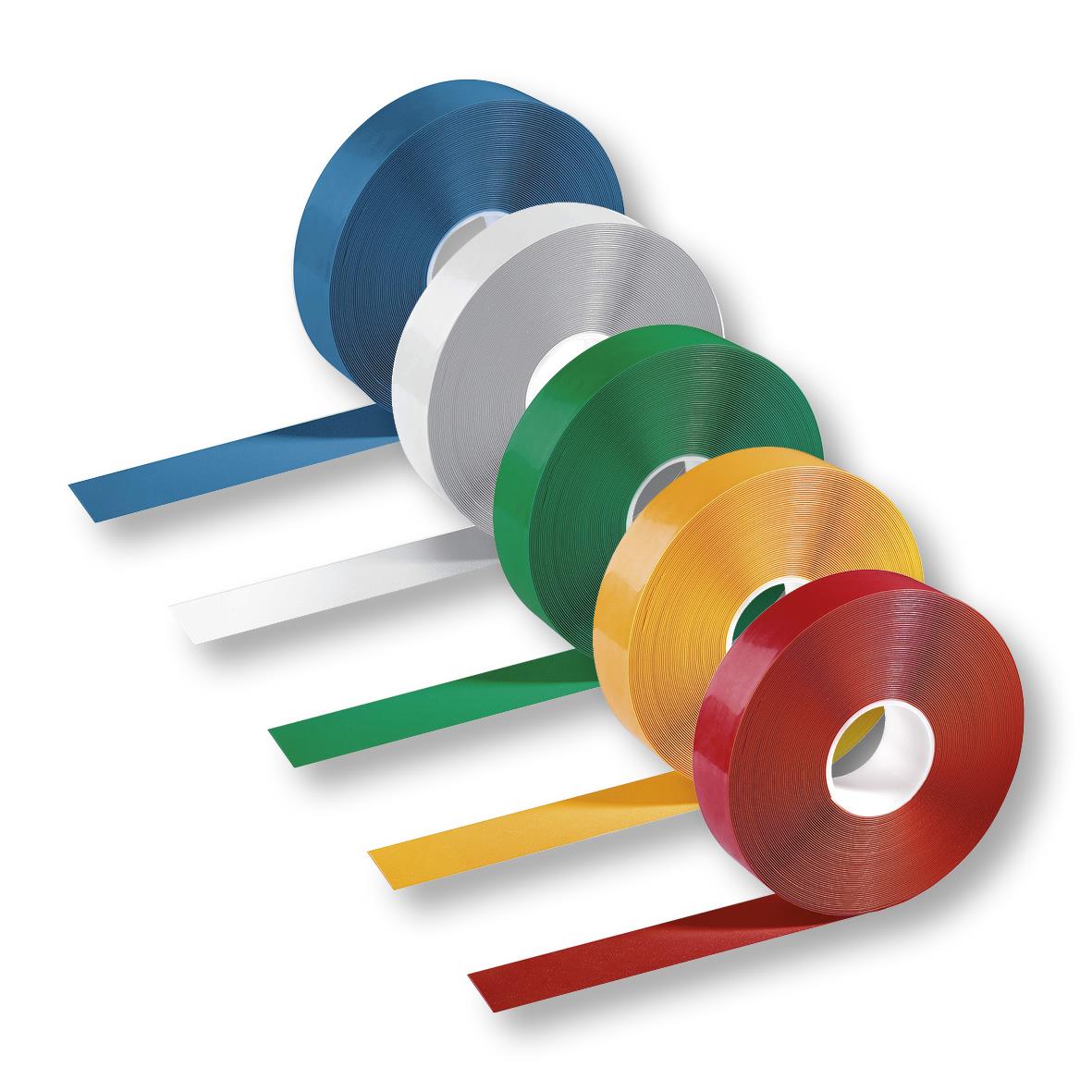 Tre rullar tejp i orange, röd och grön färg