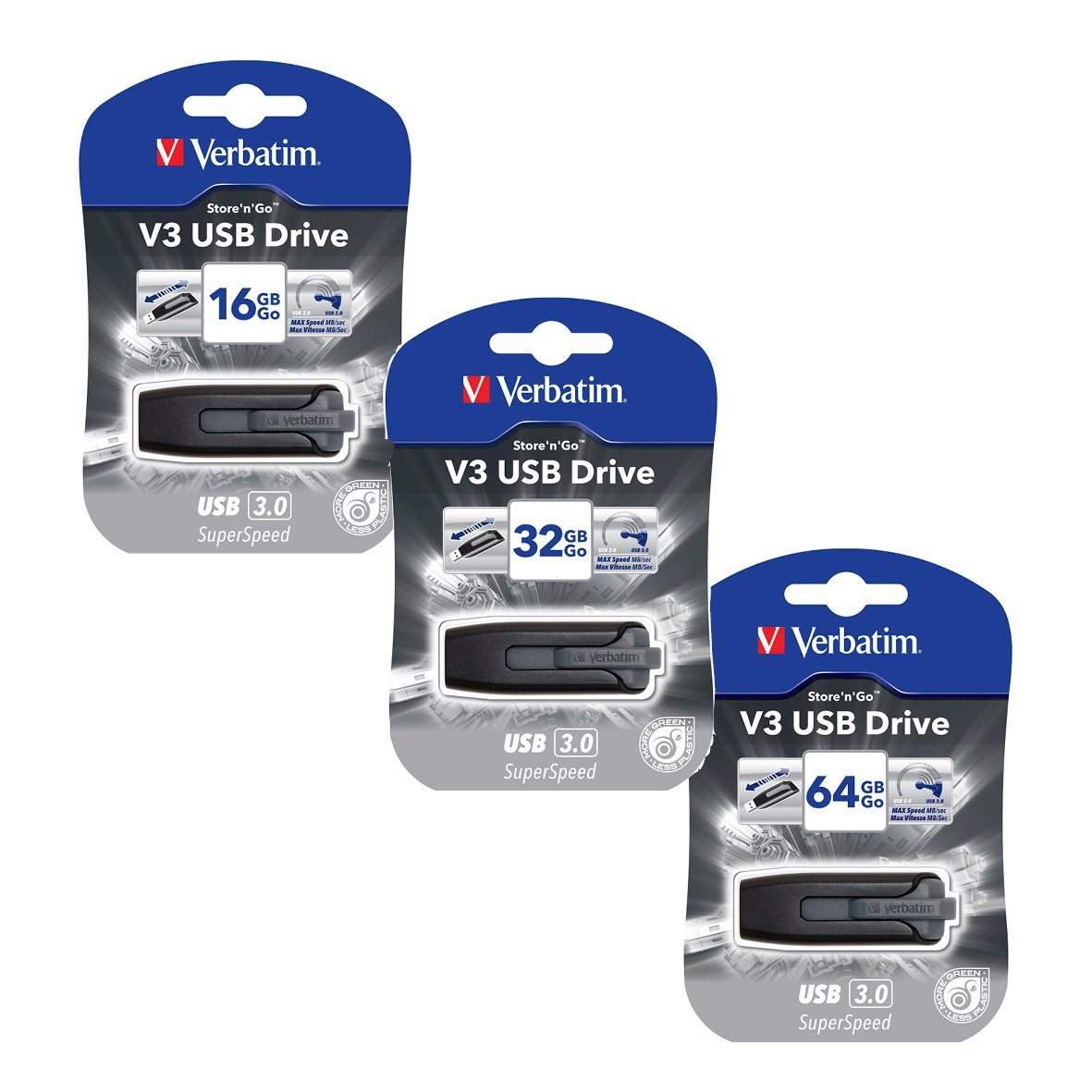 Tre USB-minnen Verbatim Store n Go V3 med 16GB, 32GB och 64GB lagringskapacitet