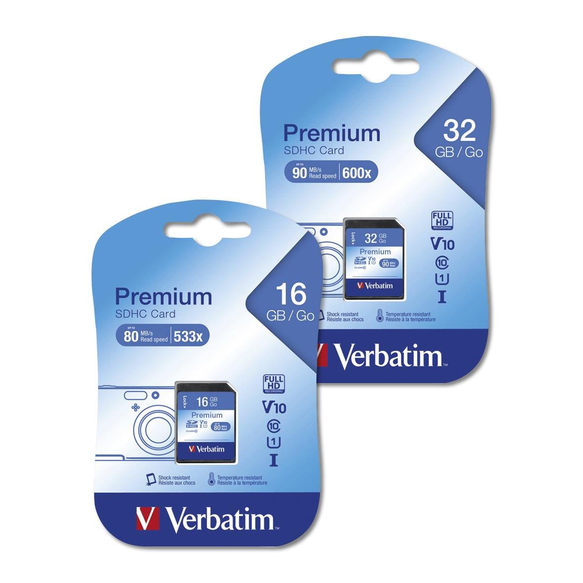 Minneskort Verbatim SD med 16GB och 32GB lagringskapacitet i blåa förpackningar