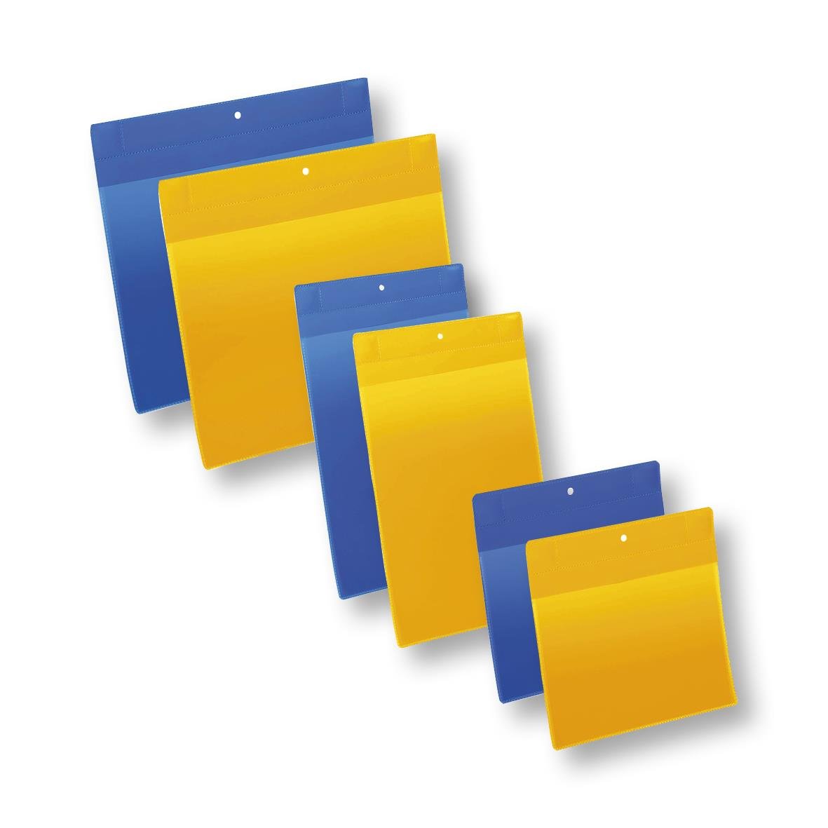 Plastfickor i blå och gul färg med neodymmagnet för att fästa på metallytor