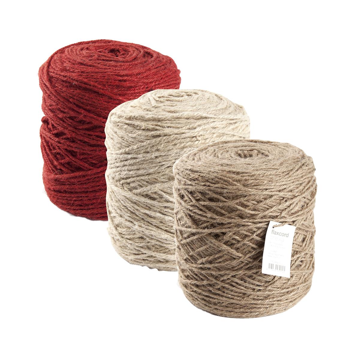 Tre nystan Juteband i rött, vitt och beige, 470 meter per band
