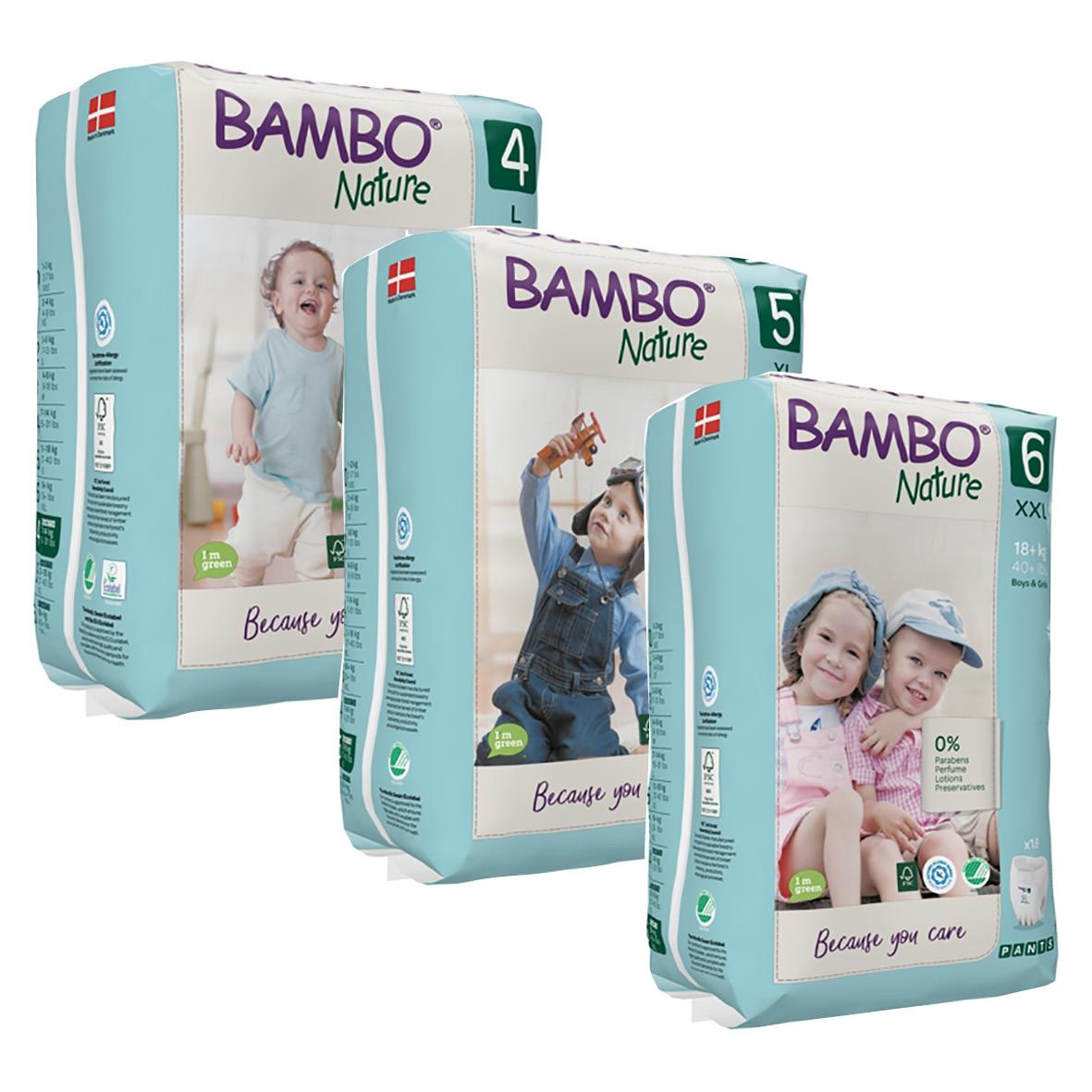 " förpackningar Bambo Training Pants för barn i storlekarna 4, 5 och 6, med bilder av glada barn på förpackningarna"