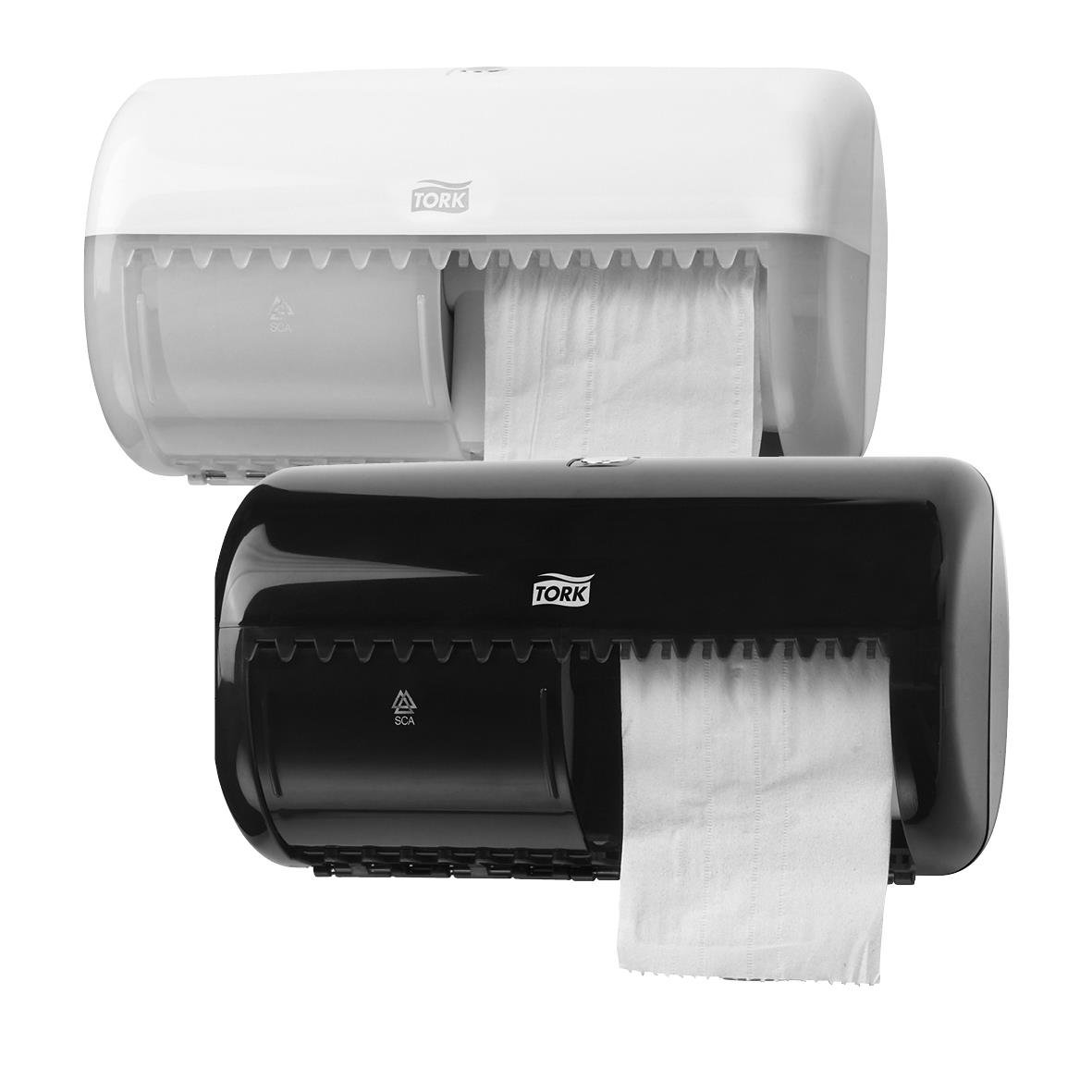 Dispenser för toalettpapper Tork T4 Twin för små rullar i vitt och svart