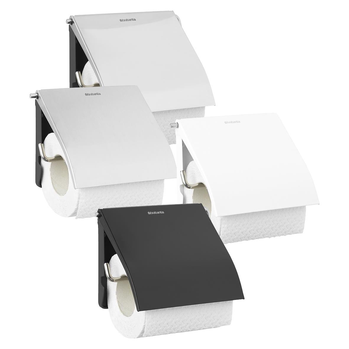 Tre toalettpappershållare Brabantia ReNew i vitt, svart och ljusgrå