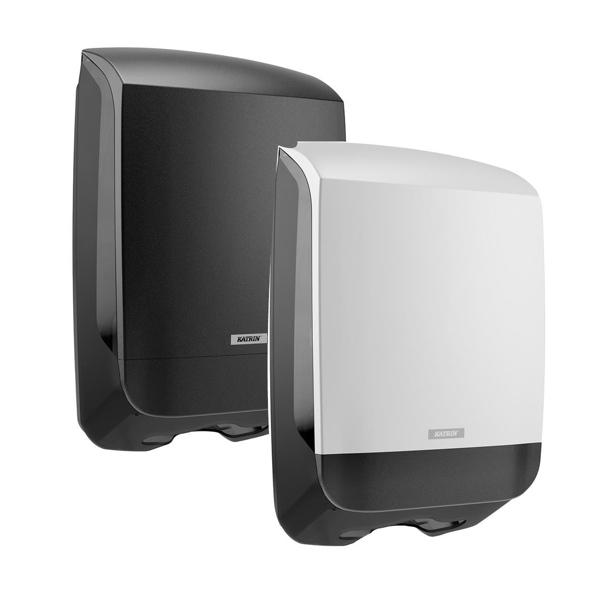 Två pappershandduksspapparater, en svart och en vit, väggmonterade