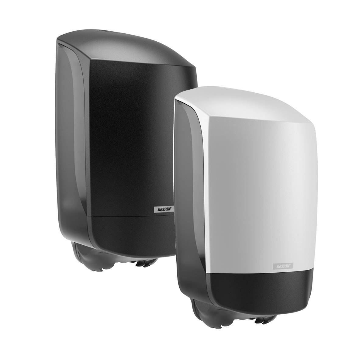Två dispenser för Katrin Centrummatad Torkrulle, en svart och en vit