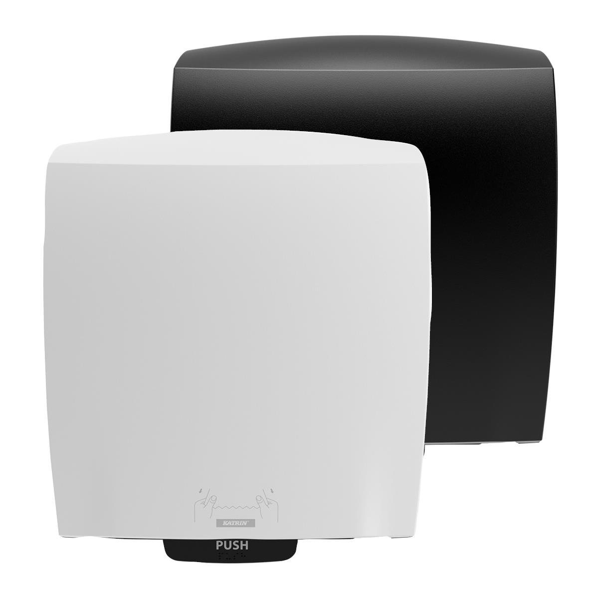 Två pappershandduksspannare Katrin System M2, en vit och en svart