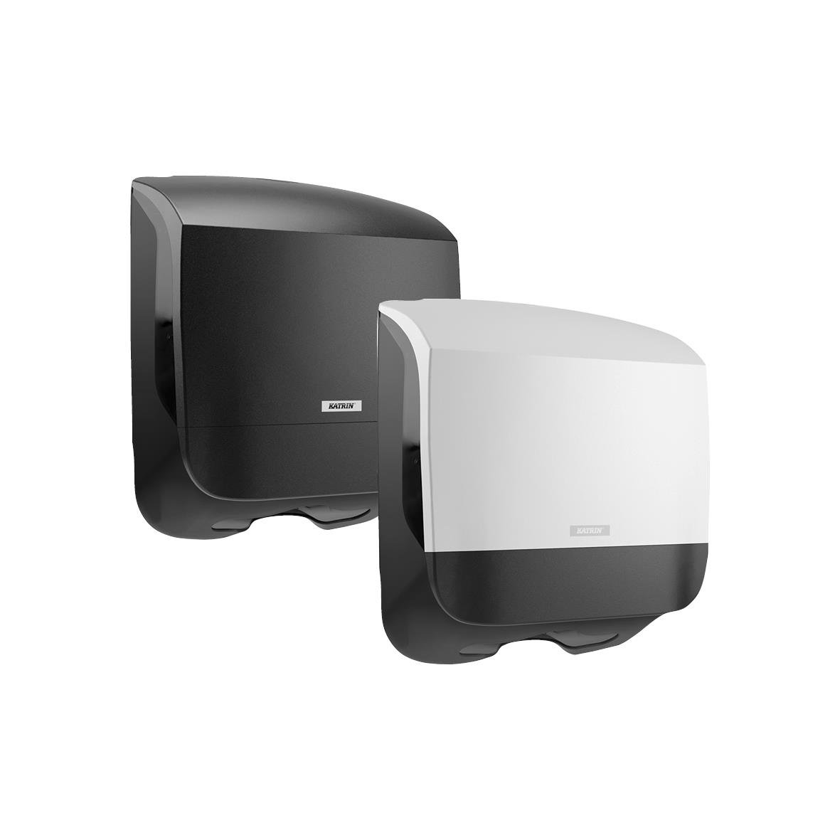 Två pappershandduksspisar Katrin S, en svart och en vit, för handduksdispensering