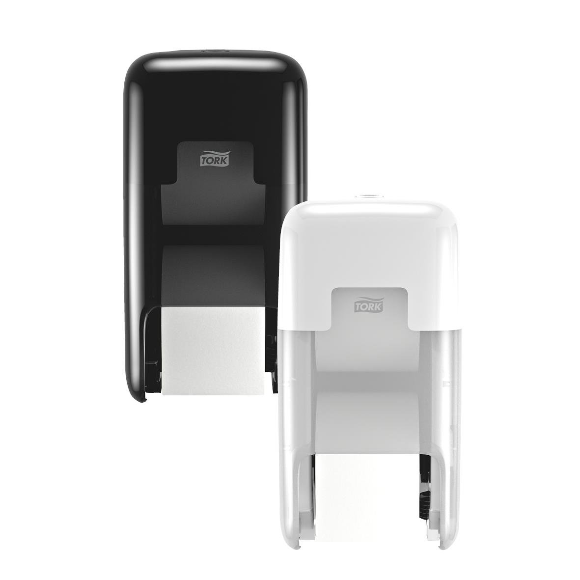 Två dispenser för toalettpapper Tork T7 Coreless, en svart och en vit