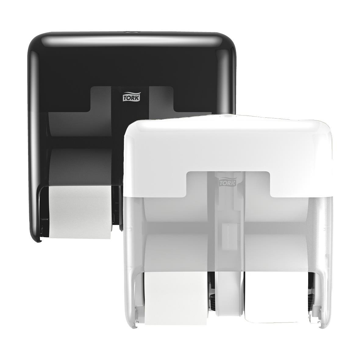 Svart och vit dispenser för toalettpapper Tork T7 Coreless med 4 rullar